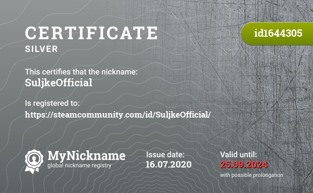 Certificate for nickname SuljkeOfficial, registered to: https://steamcommunity.com/id/SuljkeOfficial/