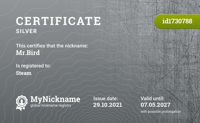 Certificate for nickname Mr.Bird, registered to: Steam