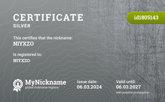Certificate for nickname NIYXZO, registered to: NIYXZO