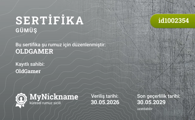 OLDGAMER rumuzu için sertifika, kayıtlı sahibi: OldGamer