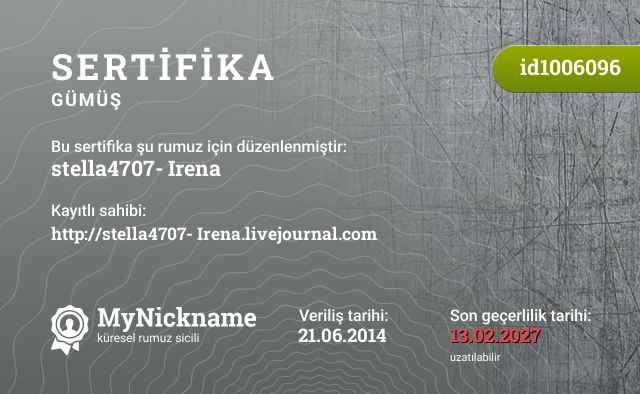 stella4707- Irena rumuzu için sertifika, kayıtlı sahibi: http://stella4707- Irena.livejournal.com