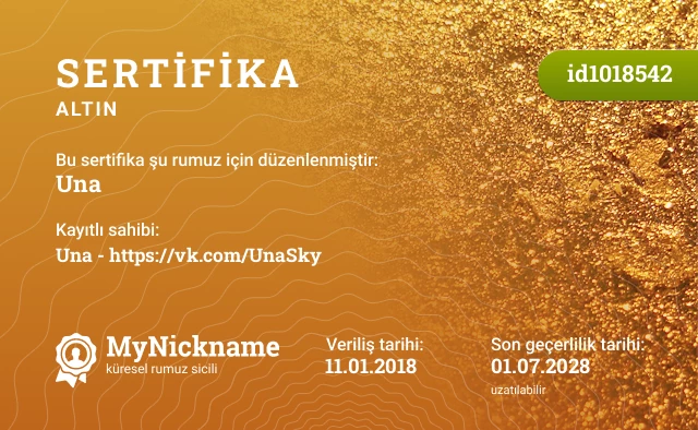 Una rumuzu için sertifika, kayıtlı sahibi: Una - https://vk.com/UnaSky