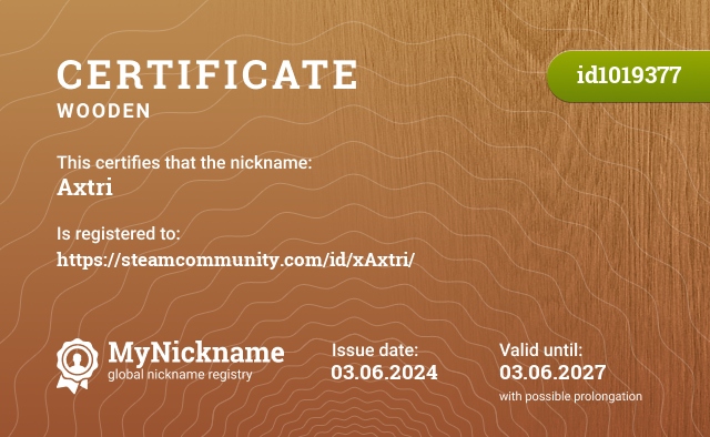 Certificate for nickname Axtri, registered to: https://steamcommunity.com/id/xAxtri/