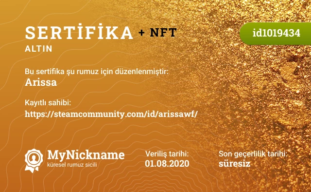 Arissa rumuzu için sertifika, kayıtlı sahibi: https://steamcommunity.com/id/arissawf/