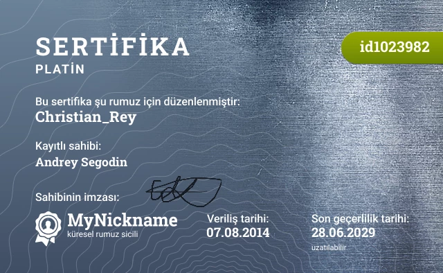 Christian_Rey rumuzu için sertifika, kayıtlı sahibi: Andrey Segodin
