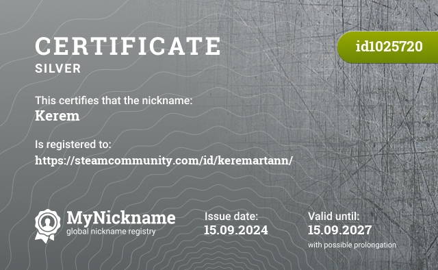 Certificate for nickname Kerem, registered to: https://steamcommunity.com/id/keremartann/