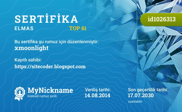 xmoonlight rumuzu için sertifika, kayıtlı sahibi: https://sitecoder.blogspot.com