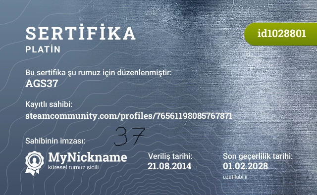 AGS37 rumuzu için sertifika, kayıtlı sahibi: steamcommunity.com/profiles/76561198085767871