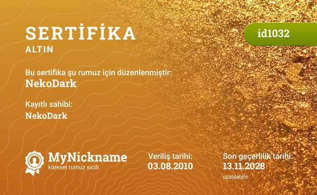 NekoDark rumuzu için sertifika, kayıtlı sahibi: NekoDark