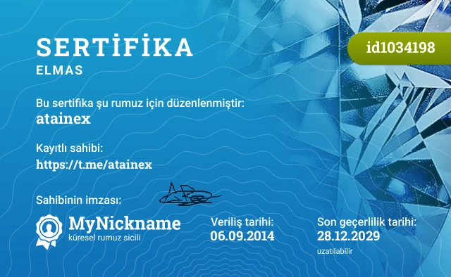 atainex rumuzu için sertifika, kayıtlı sahibi: https://t.me/atainex