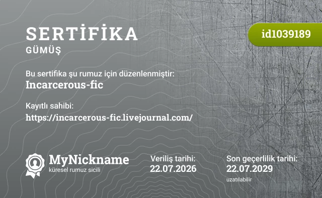Incarcerous-fic rumuzu için sertifika, kayıtlı sahibi: https://incarcerous-fic.livejournal.com/