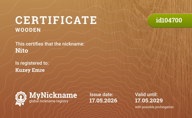Certificate for nickname Nito, registered to: Kuzey Emre