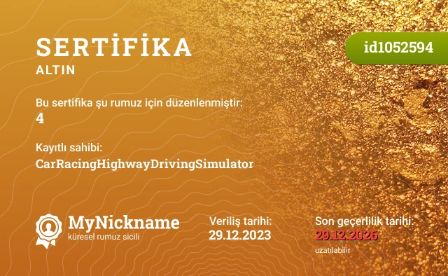 4 rumuzu için sertifika, kayıtlı sahibi: CarRacingHighwayDrivingSimulator