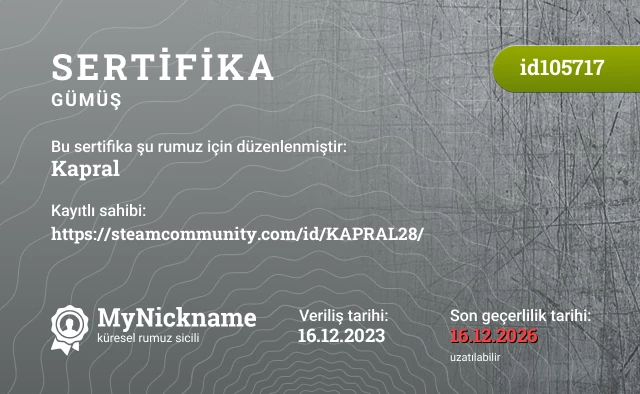 Kapral rumuzu için sertifika, kayıtlı sahibi: https://steamcommunity.com/id/KAPRAL28/