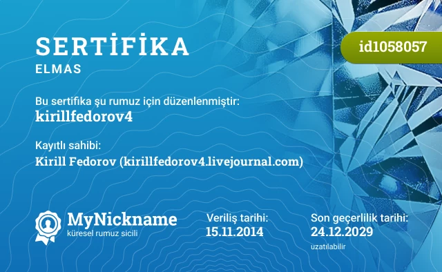 kirillfedorov4 rumuzu için sertifika, kayıtlı sahibi: Kirill Fedorov (kirillfedorov4.livejournal.com)