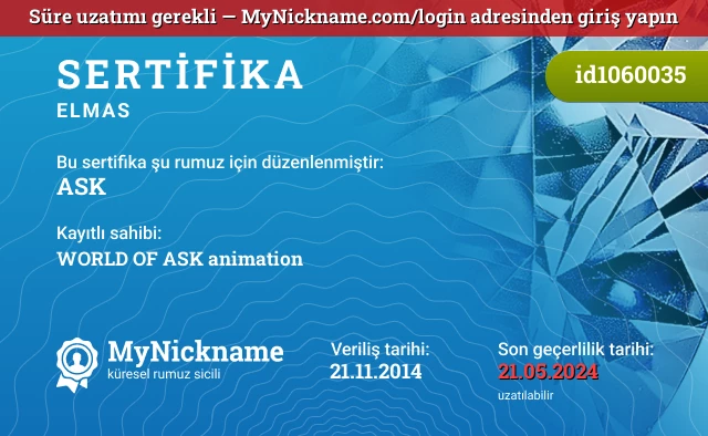 АSK rumuzu için sertifika, kayıtlı sahibi: WORLD OF ASK animation