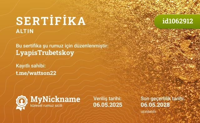 LyapisTrubetskoy rumuzu için sertifika, kayıtlı sahibi: t.me/wattson22
