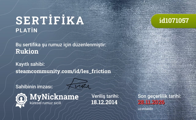Rukion rumuzu için sertifika, kayıtlı sahibi: steamcommunity.com/id/les_friction