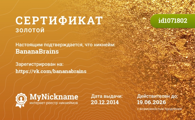 Сертификат на никнейм BananaBrains, зарегистрирован на https://vk.com/bananabrains