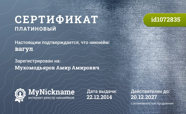 Сертификат на никнейм вагул, зарегистрирован на Мухомодьяров Амир Амирович