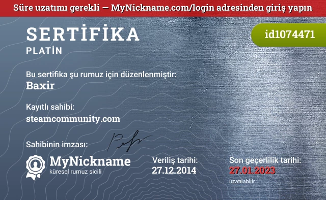 Baxir rumuzu için sertifika, kayıtlı sahibi: steamcommunity.com
