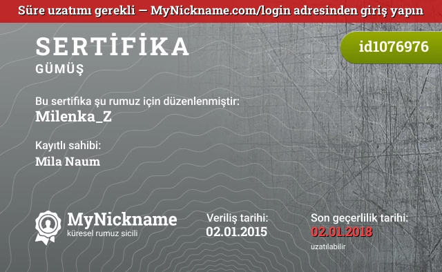 Milenka_Z rumuzu için sertifika, kayıtlı sahibi: Mila Naum