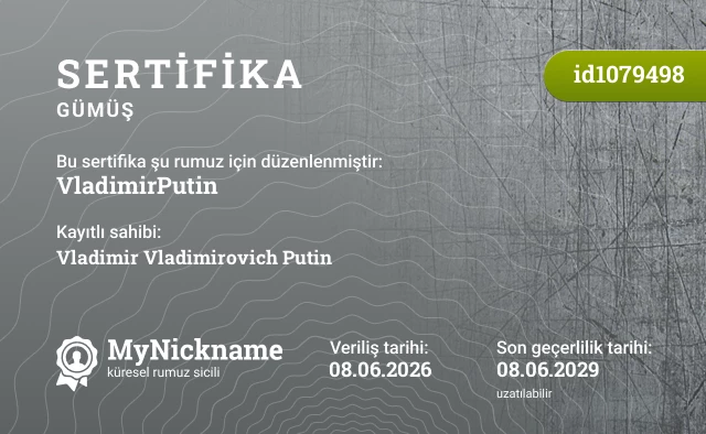 VladimirPutin rumuzu için sertifika, kayıtlı sahibi: Vladimir Vladimirovich Putin