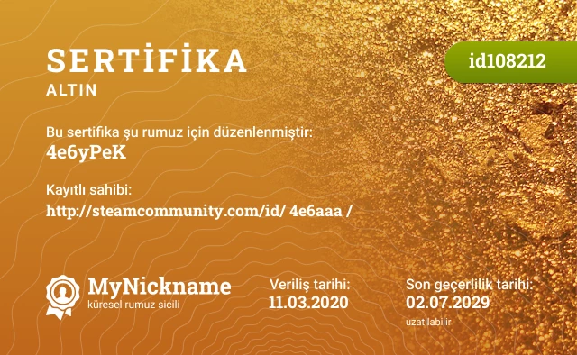 4e6yPeK rumuzu için sertifika, kayıtlı sahibi: http://steamcommunity.com/id/ 4e6aaa /