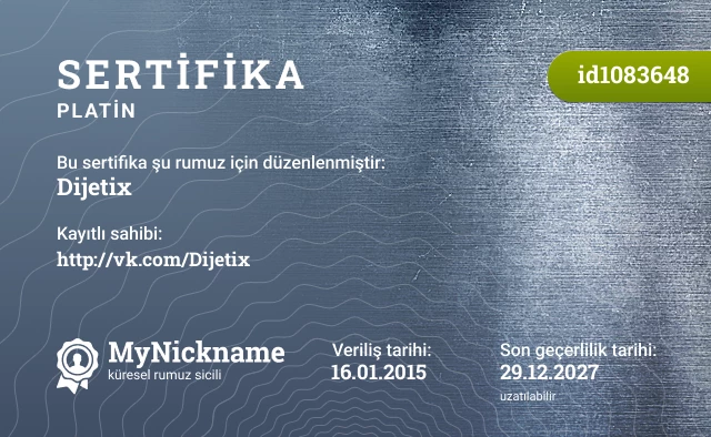 Dijetix rumuzu için sertifika, kayıtlı sahibi: http://vk.com/Dijetix
