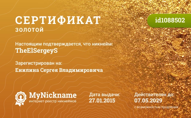 Сертификат на никнейм TheElSergeyS, зарегистрирован на Енилина Сергея Владимировича