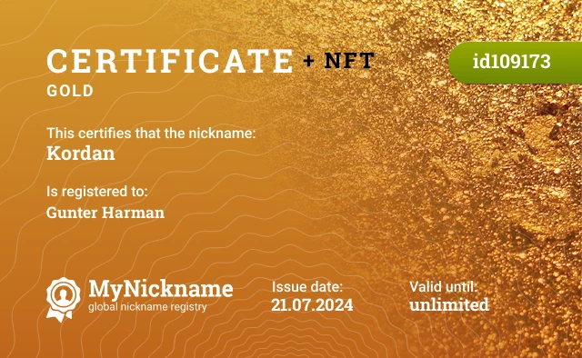 Certificate for nickname Kordan is registered to: Gunter Harman