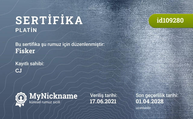 Fisker rumuzu için sertifika, kayıtlı sahibi: CJ