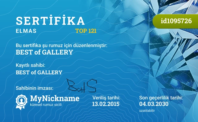 BEST of GALLERY rumuzu için sertifika, kayıtlı sahibi: BEST of GALLERY