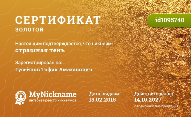 Сертификат на никнейм страшная тень, зарегистрирован на Гусейнов Тофик Амаханович