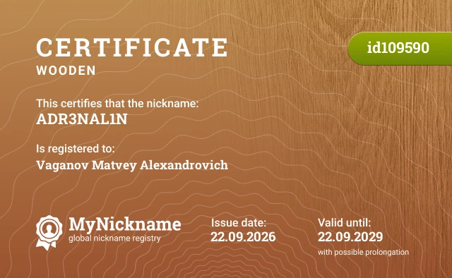Certificate for nickname ADR3NAL1N is registered to: Vaganov Matvey Alexandrovich