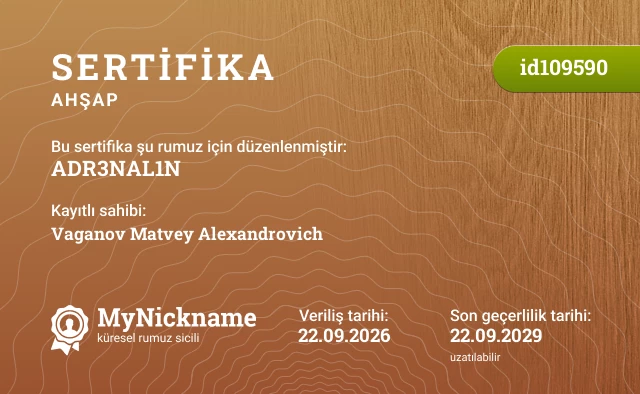 ADR3NAL1N rumuzu için sertifika, kayıtlı sahibi: Vaganov Matvey Alexandrovich