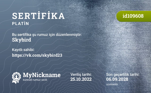 Skybird rumuzu için sertifika, kayıtlı sahibi: https://vk.com/skybird23