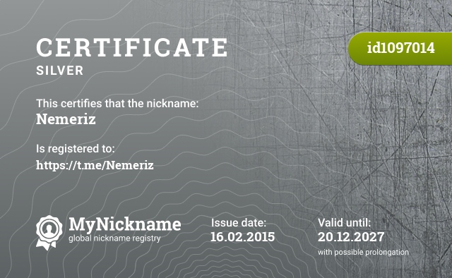 Certificate for nickname Nemeriz, registered to: https://t.me/Nemeriz