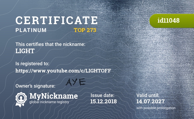 Certificate for nickname LIGHT, registered to: https://www.youtube.com/c/LIGHTOFF