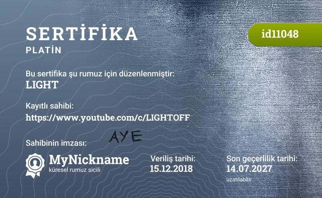 LIGHT rumuzu için sertifika, kayıtlı sahibi: https://www.youtube.com/c/LIGHTOFF