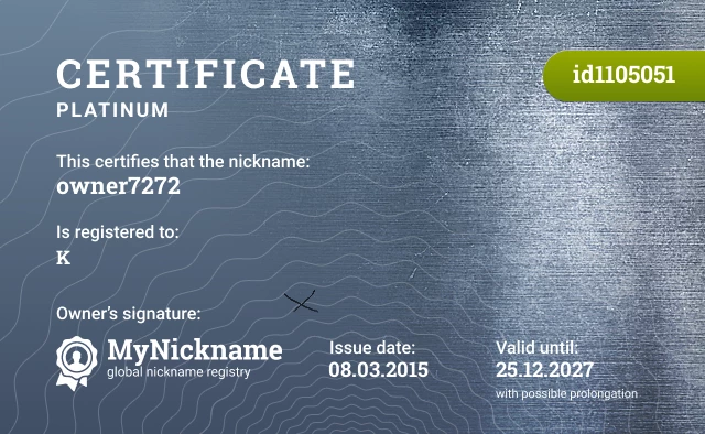 Certificate for nickname owner7272 is registered to: K