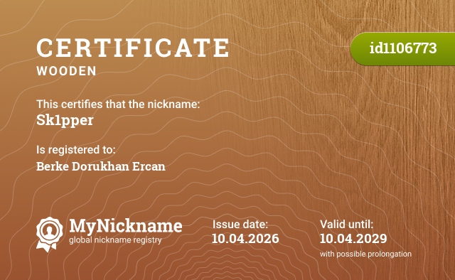 Certificate for nickname Sk1pper, registered to: Berke Dorukhan Ercan