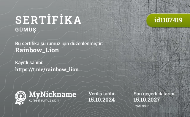 Rainbow_Lion rumuzu için sertifika, kayıtlı sahibi: https://t.me/rainbow_lion