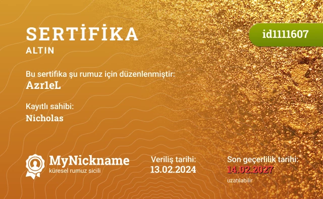 Azr1eL rumuzu için sertifika, kayıtlı sahibi: Nicholas
