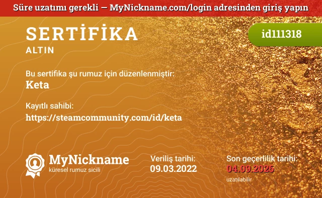 Keta rumuzu için sertifika, kayıtlı sahibi: https://steamcommunity.com/id/keta