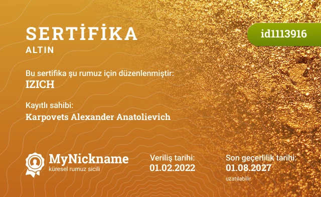 IZICH rumuzu için sertifika, kayıtlı sahibi: Karpovets Alexander Anatolievich