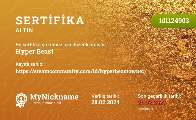 Hyper Beast rumuzu için sertifika, kayıtlı sahibi: https://steamcommunity.com/id/hyperbeastowner/