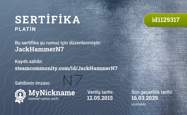 JackHammerN7 rumuzu için sertifika, kayıtlı sahibi: steamcommunity.com/id/JackHammerN7