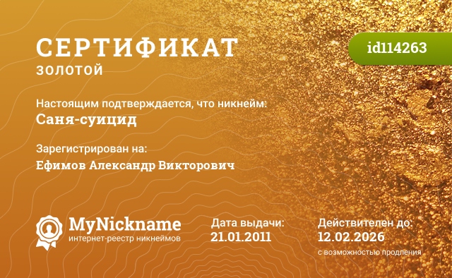 Сертификат на никнейм Саня-суицид, зарегистрирован на Ефимов Александр Викторович