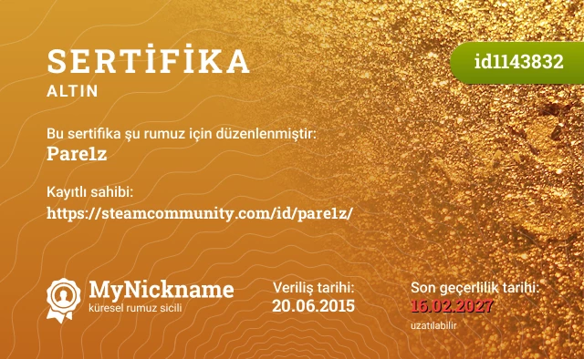 Pare1z rumuzu için sertifika, kayıtlı sahibi: https://steamcommunity.com/id/pare1z/